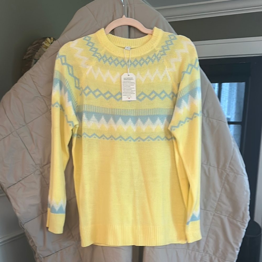 Yellow and Blue Crew Neck Sweater with Fair Isle Pattern